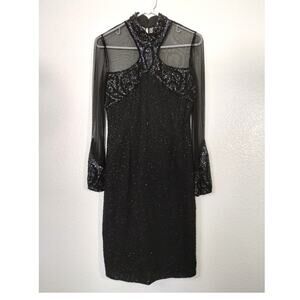 Lillie Rubin Vintage Size Small Black Beaded Sheer Sleeves Glam Cocktail Dress